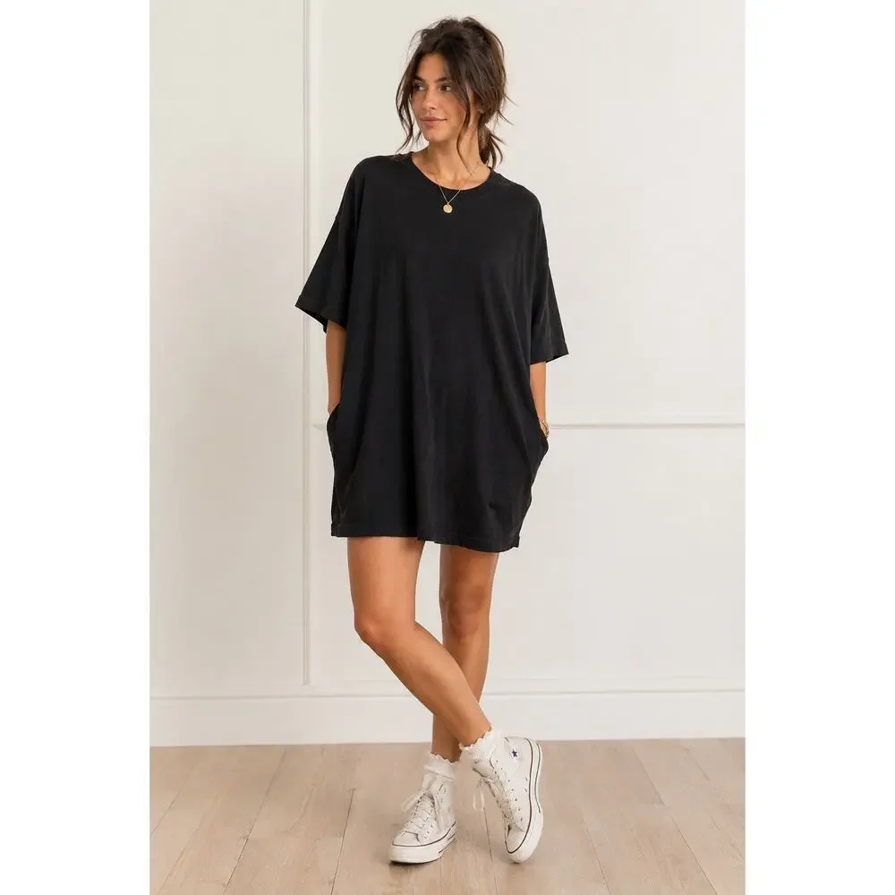 Free People FP Beach Essential Extreme Tee Mini Dress L Black Oversized Pockets